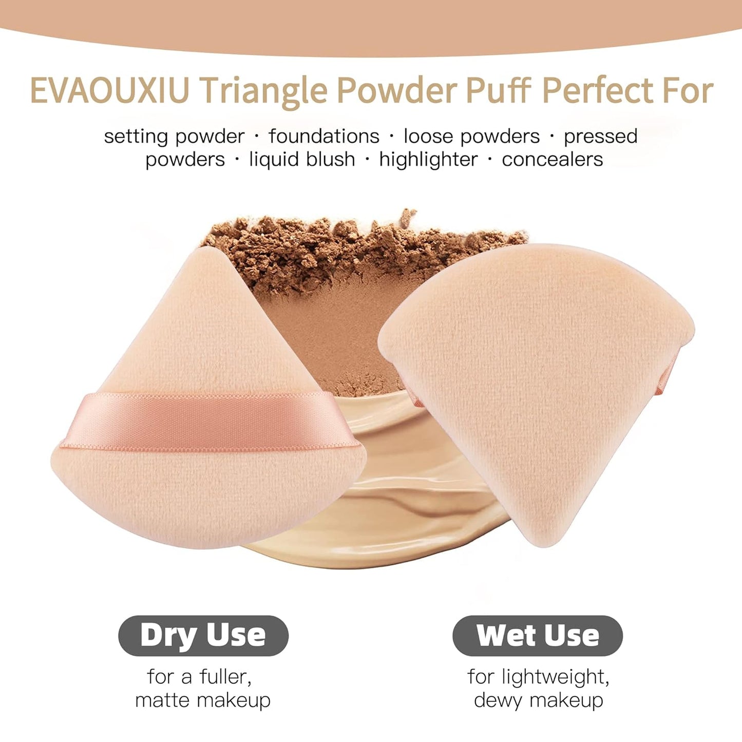 2 Pcs EVAOUXIU Triangle Powder Puff for Face Powder, Soft Plush Setting Powder Puff, Velour Cosmetic Foundation Blender Sponge Beauty Makeup Tools (Nude)