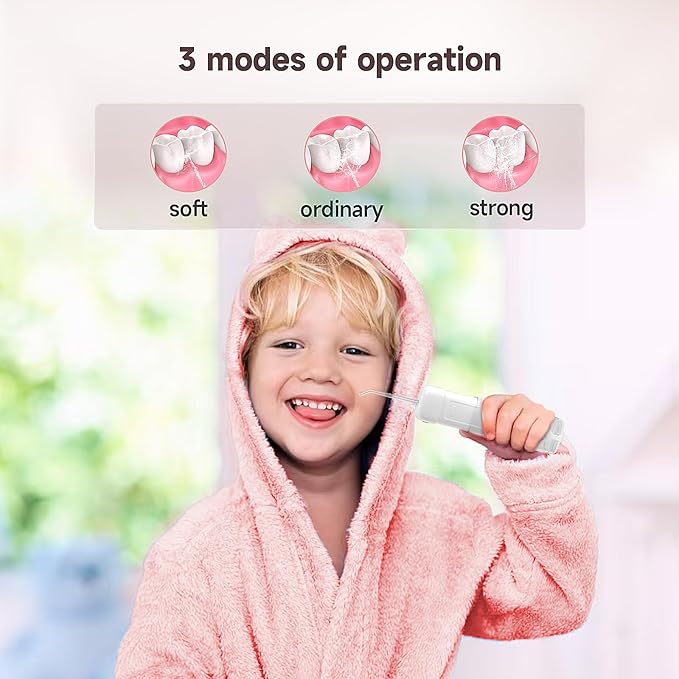 Kids Water Flosser,3 Modes Cordless Portable Water Teeth Cleaner,4 Replaceable Nozzles,IPX7 Waterproof Oral Irrigator Rechargeable,Professional Flossing Cleaning Picks for Home Travel (White)