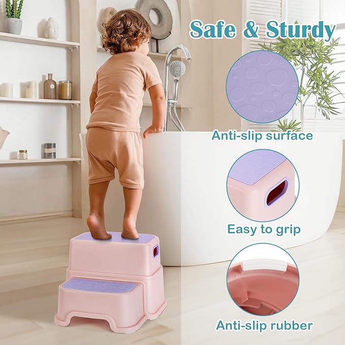 WELSPO 2 Step Stool for Kids, Toddler Step Stool for Bathroom, Kitchen, Bedroom, Living Room, Non-Slip Toddlers Toilet Potty Stool with Handles Baby Child Kid Plastic Poop Stools(Pink)