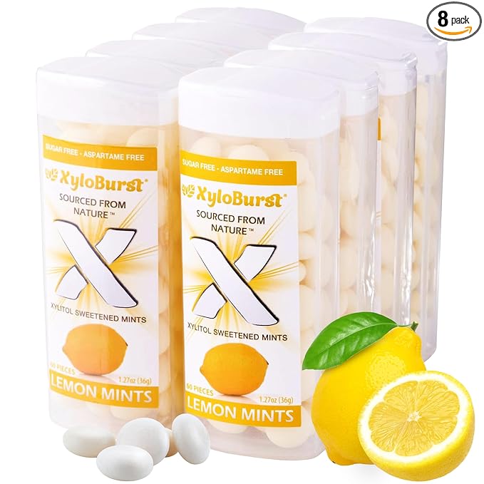 XyloBurst - Xylitol Mints | Sugar Free Breath Mints for Oral Health | Gluten Free, Vegan, Keto Friendly | Aspartame Free | Lemon | 60 Count Jar, 8-Pack