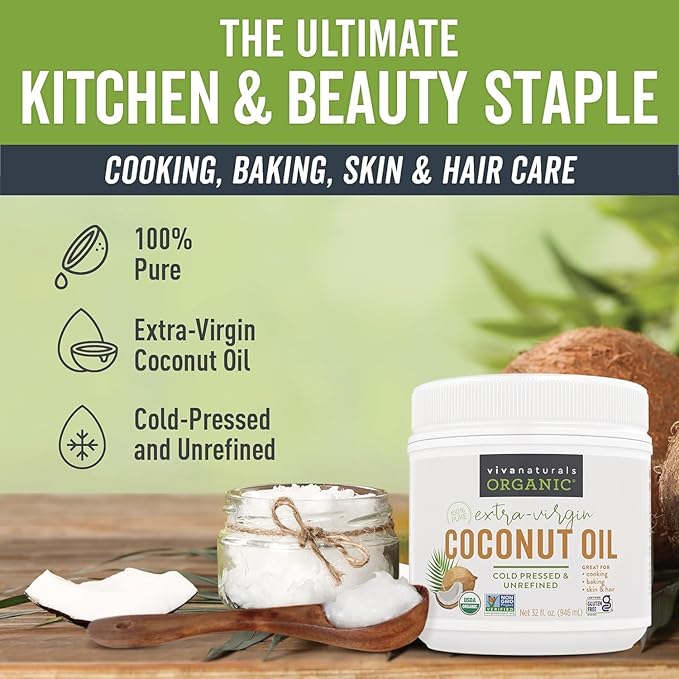 Viva Naturals Organic Coconut Oil, 32 fl oz – Unrefined, Cold-Pressed Extra Virgin Coconut Oil, USDA Organic & Non-GMO, Natural Cooking Oil, Hair Oil & Skin Oil