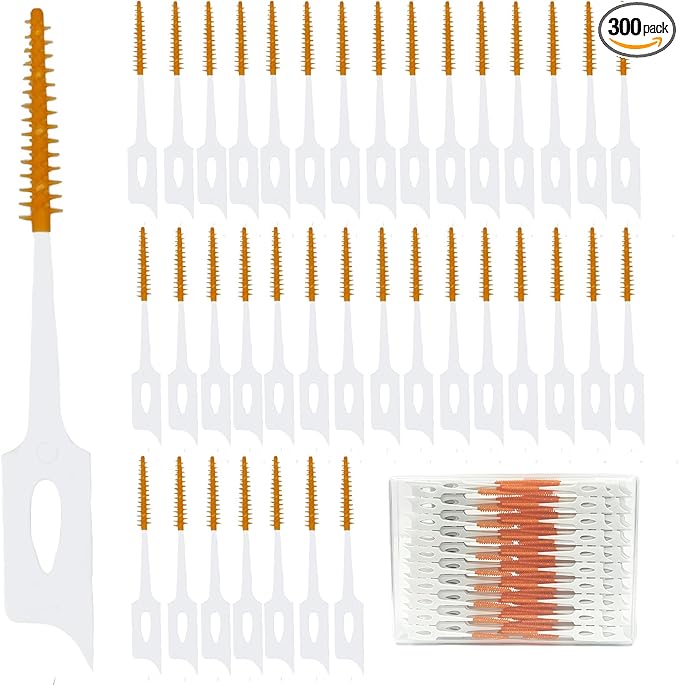 300 Pieces Dual-Use Interdental Brushes Soft Silicone, Disposable Dental Picks,Premium Dental Floss Picks for Effective Teeth Cleaning(300PCS Orange)