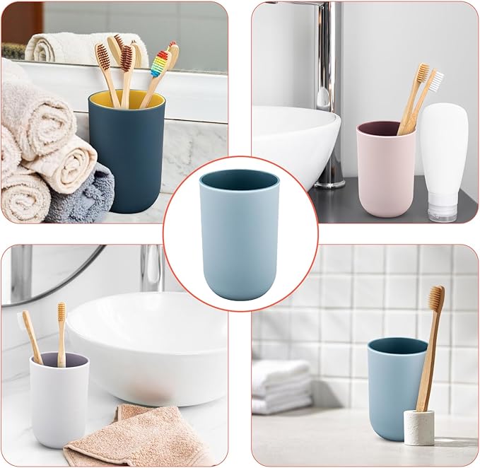 4 Pieces Plastic Bathroom Tumblers, PNDID Unbreakable Toothbrush Cup, Plastic Mouthwash Cup Toothbrush Holder (Light Gray, Dark Blue, Light Pink, Light Blue)