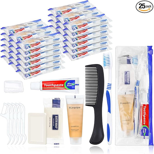 Pack of 25 Hygiene Kit, Hygiene Kit Bulk, Individually Packed, Travel Hygiene Kit with Toothbrush, Toothpaste, Comb, Shampoo, Soap and Floss Picks, Home, Suitable for Hotel, Camping, Travel