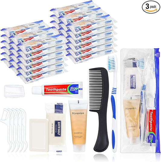 Pack of 3 Hygiene Kit, Hygiene Kit Bulk, Individually Packed, Travel Hygiene Kit with Toothbrush, Toothpaste, Comb, Shampoo, Soap and Floss Picks, Home, Suitable for Hotel, Camping, Travel