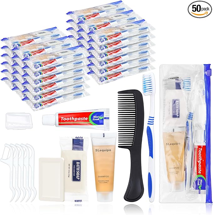Pack of 50 Hygiene Kit, Hygiene Kit Bulk, Individually Packed, Travel Hygiene Kit with Toothbrush, Toothpaste, Comb, Shampoo, Soap and Floss Picks, Home, Suitable for Hotel, Camping, Travel