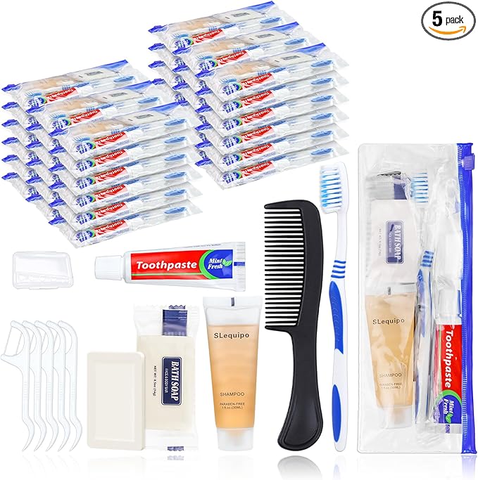 Pack of 5 Hygiene Kit, Hygiene Kit Bulk, Individually Packed, Travel Hygiene Kit with Toothbrush, Toothpaste, Comb, Shampoo, Soap and Floss Picks, Home, Suitable for Hotel, Camping, Travel