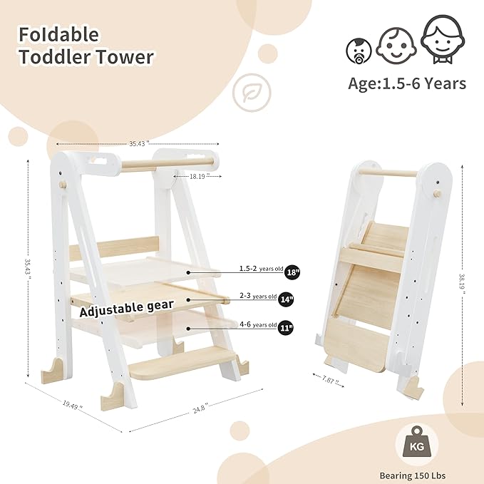 Kids Kitchen Step Stool, Foldable Toddler Tower, Height Adjustable Toddler Standing Tower with Safty Rail and Anti-Slip Device, Wooden Stool for 1.5-6 Years(White Wood)