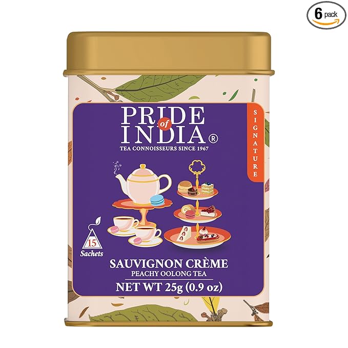 Pride of India | PACK of 6 - Sauvignon Crème Peachy Oolong Tea | 15 Pyramid Full Leaf Individually Wrapped Tea Bags | Fruity, Creamy & Citrusy Taste | Refreshing & Relaxing Experience | Caffeine