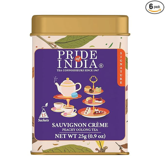 Pride of India | PACK of 6 - Sauvignon Crème Peachy Oolong Tea | 15 Pyramid Full Leaf Individually Wrapped Tea Bags | Fruity, Creamy & Citrusy Taste | Refreshing & Relaxing Experience | Caffeine
