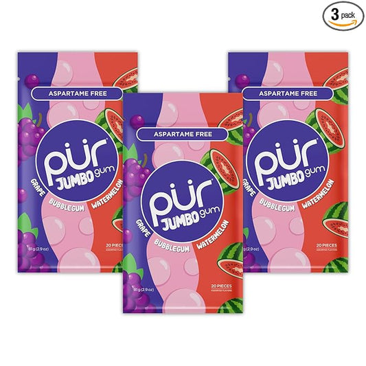 PUR Jumbo Gum | Aspartame Free Chewing Gum | 100% Xylitol | Natural Bubblegum, Grape, Watermelon Flavor, 20 Pieces (Pack of 3)