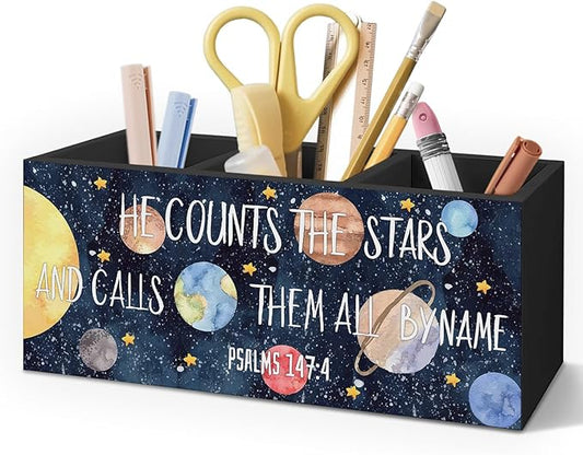 Space Christian Pen Pencil Holder for Desk, Space Nursery Decor, Navy Blue Solar System Bible Verse Decorative Sign for Toddler Nursery Kids Boys Room Desk Tabletop Decor