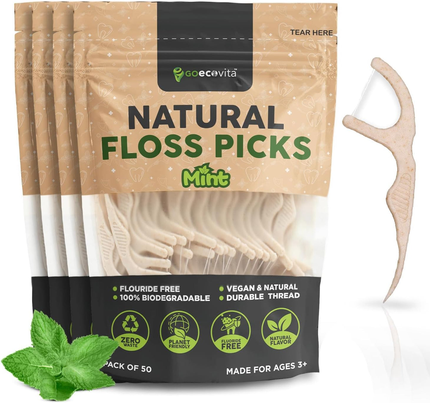 Biodegradable Floss Picks - Natural Straw Wheat Handle | Thin & Durable Thread for Tight Gaps! | Dental Flossers for Adults | Gentle on Gums & Teeth | Eco Friendly, Vegan, Natural (200 Pack, Mint)