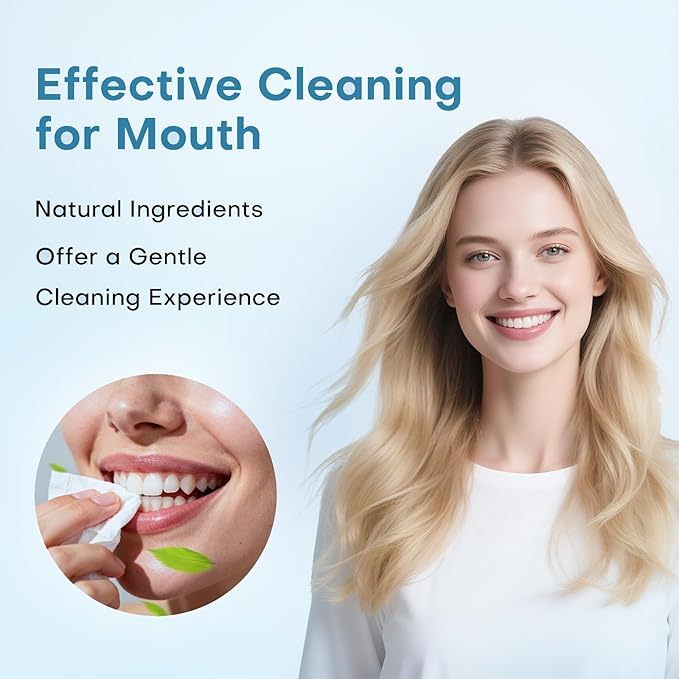 Denture Cleaner Wipes Disposable Teeth Gum Retainer Wipe Oral Care, Tooth Gums Cleaning Dental Dentures Tablets, Denture Adhesive Food Debris Braces Stain Odor Remover for Adults Elderly Mint 100 Pcs