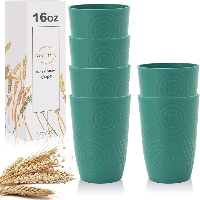 Wrova Wheat Straw Water Cups 16oz with Etched Pattern - Alternative Plastic Drinking Glasses Set of 6 - Reusable Tumbler Cups for Kids - Green