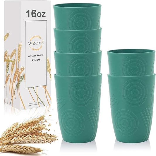 Wrova Wheat Straw Water Cups 16oz with Etched Pattern - Alternative Plastic Drinking Glasses Set of 6 - Reusable Tumbler Cups for Kids - Green