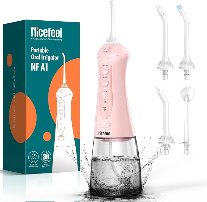 Nicefeel Water Dental Flosser Teeth Pick - Fast Charge Cordless Teeth Cleaner, 3 Modes Portable Oral Irrigator, IPX7 Waterproof Electric Water Dental Flosser for Tonsil Stone, 300ML Tank
