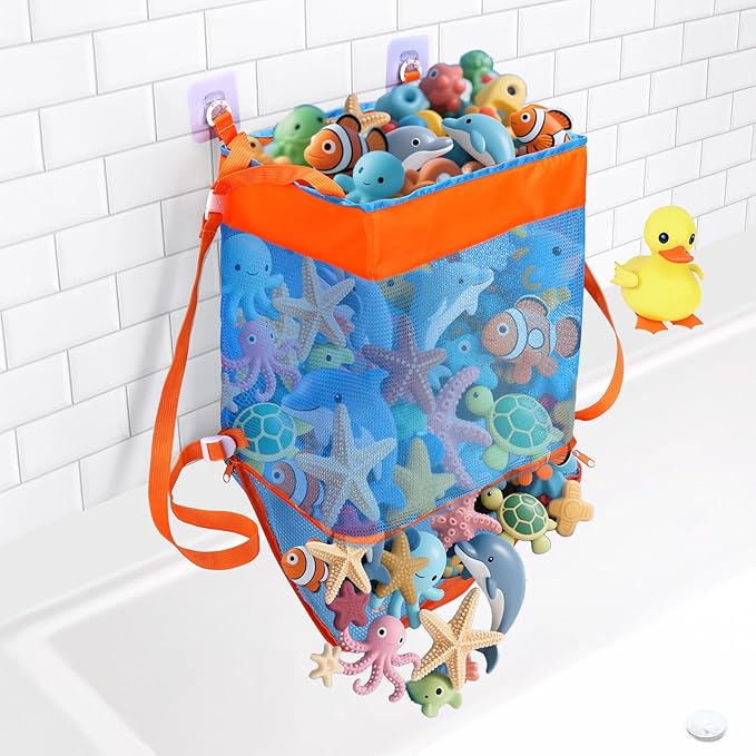 3-in-1 Bath Toy Storage Bag,Large Capacity Mesh Bath Toy Net Holder for Bathtub Shower Bathroom Pool Outdoor,Kids Bath Decor Accessories Tub Toy Organizer Basket