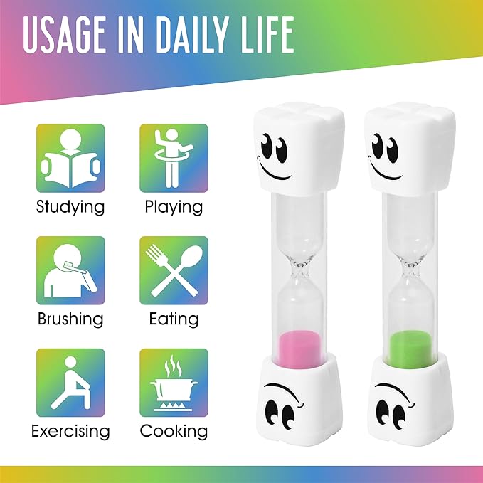 TeaherFav 2 Minute Toothbrush Sand Timer for Kids -Set of 4 Small Blue, Pink, Yellow and Green Smiley Hour Glass