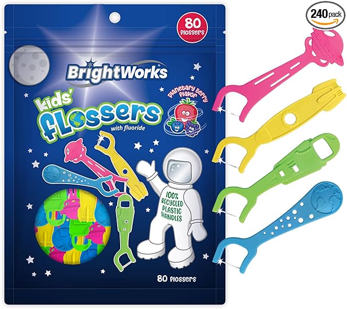 BrightWorks Kids Fun Space Flossers, Mixed Berry Flavor Fluoride [240 Floss Picks Total] Colorful Space Shapes: Astronaut, Rocketship, UFO, Earth. 100% Recycled Plastic Material. 80 Count (Pack of 3)
