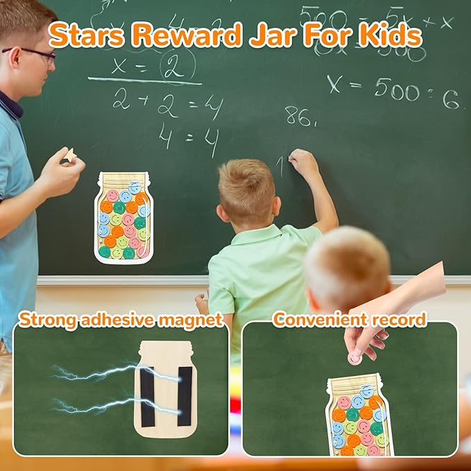 Reward Jar for Kids – Magnetic Wooden Behavior Chart and Incentive Jar with 25 Tokens, Stickers, Stand & Magnet – Positive Reinforcement Tool for Home, Toddlers or Classroom (Smiley – V2)
