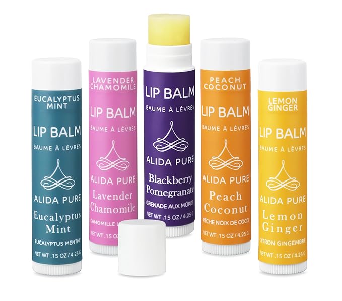 ALIDA PURE Duet Lip Balm Collection, Vegan Set, Beeswax Free, with Organic Jojoba, and Avocado Oil, Vitamin E, Natural Moisturizer for Dry, Chapped Lips, 5 Tube Set