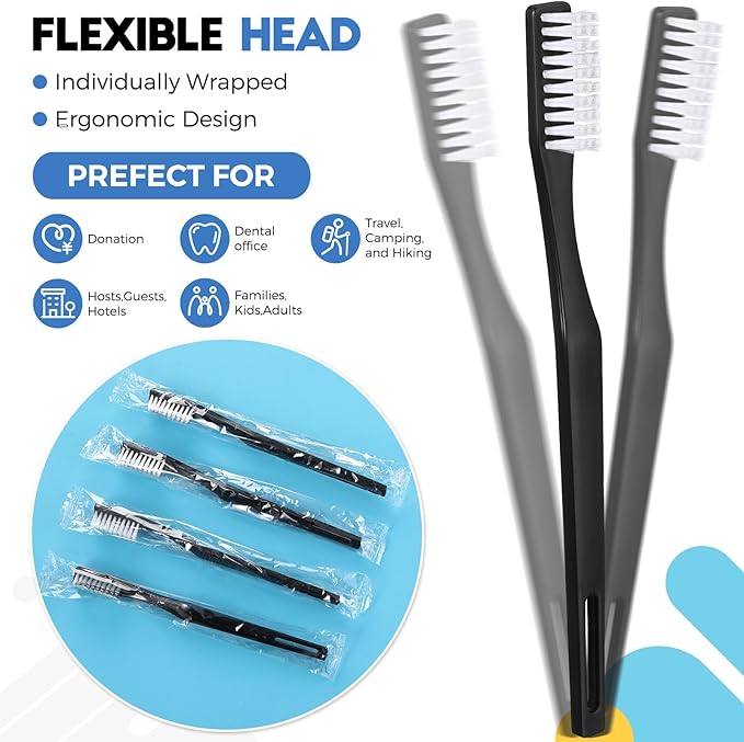 CHENGU 200 Pack Individually Wrapped Disposable Toothbrush Bulk Single Use Toothbrush with Soft Bristle for Women Men Adult Hotels Guest Travel Donation(Black)