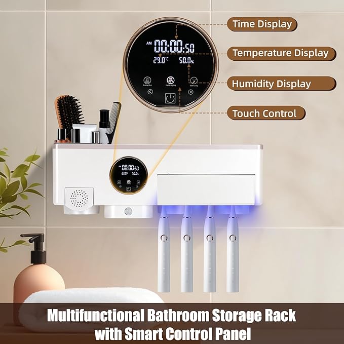 Toothbrush Holder with UV Toothbrush Sanitizer, White Hair Dryer Holder with Timer Function and Touch Screen, Smart Home Bathroom Accessories with Automatic Hand Drying and Sensor Light for Bathroom