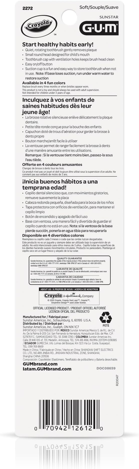 GUM Crayola Power Toothbrush for Kids, Extra Soft Bristled Toddler Toothbrushes, Travel Cap + Suction Cup Base, Batteries Included, 1 Count