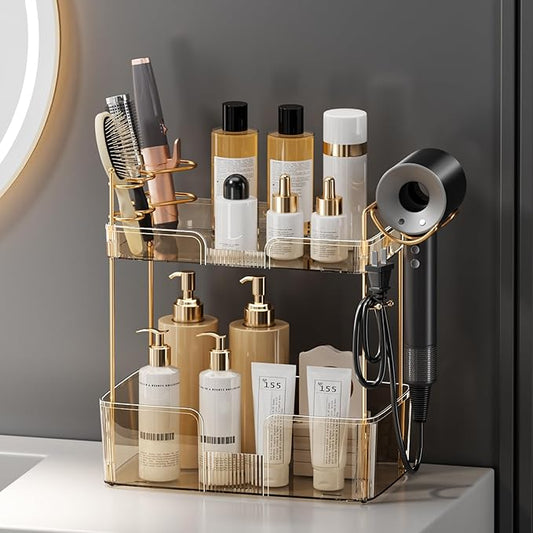 2 Tier Gold Bathroom Counter Organizer with Hair Dryer Holder, Skincare & Makeup Organizer, Cosmetics Shelf for Vanity Tray