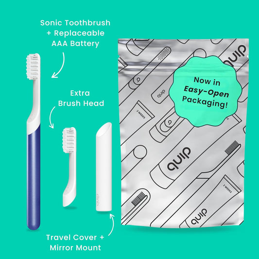 Quip Metal Sonic Electric Toothbrush for Adults - Time Travel & Soft Bristles with Travel Case & Replacement Brush Head - 3 Month Battery Life - Indigo