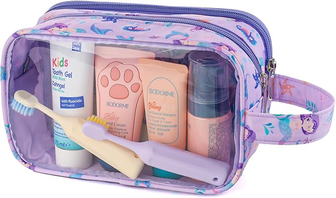 Kids Toiletry Bag for Girls, Travel Clear Toiletry Bag for Little Young Girls Cosmetic Bag Makeup Bag Waterproof Hanging Toddler Wash Bag, Purple Mermaid