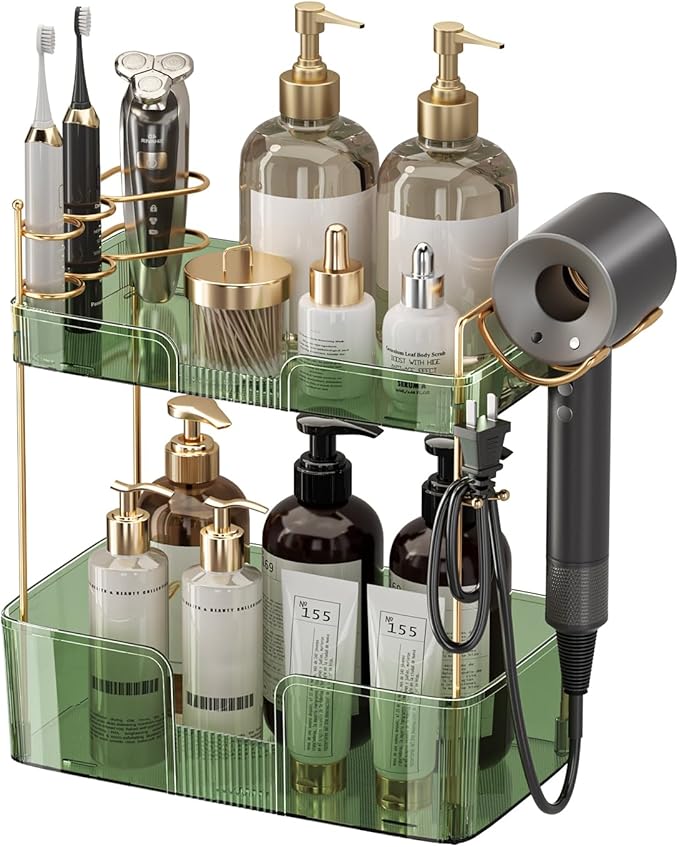 2 Tier Bathroom Counter Organizer with Hair Dryer Holder, Modern Style, Countertop Mount, 2 Shelves, Green