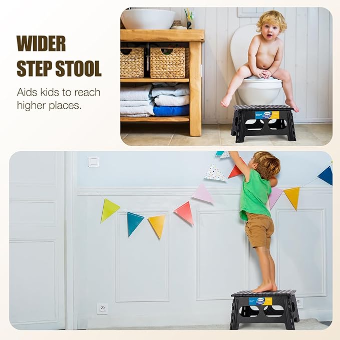 Korpai 9" Folding Step Stool for Adults and Kids 15-Inch Extra Wide Stool Holds Up to 300 lbs,Non-Slip Folding Stools with Handle,Compact Plastic Foldable Step Stool for Bathroom,Kitchen,ect
