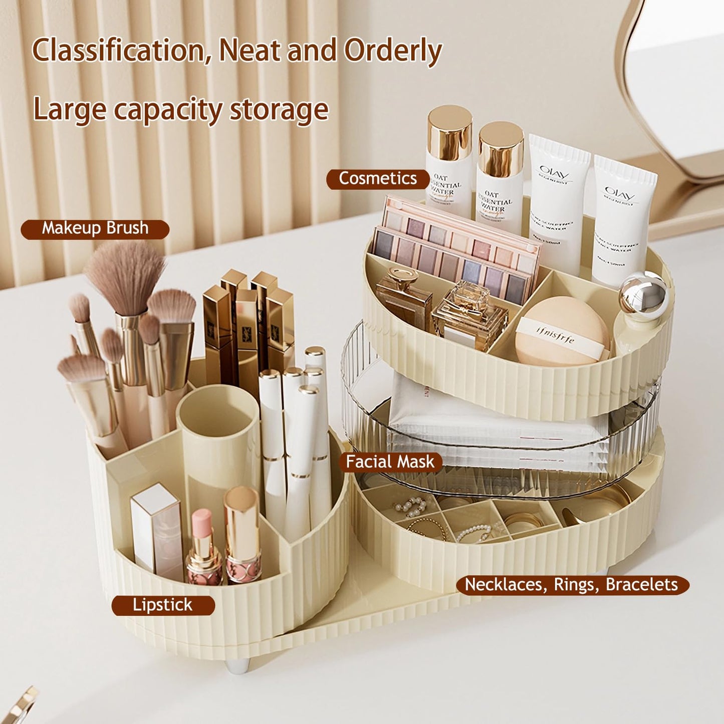 Makeup Organizer Countertop 360°Rotating Makeup Organizer for Vanity - Cosmetic Storage Holder with Makeup Brush Holder and Jewelry Storage (3 Tiers, Cream)