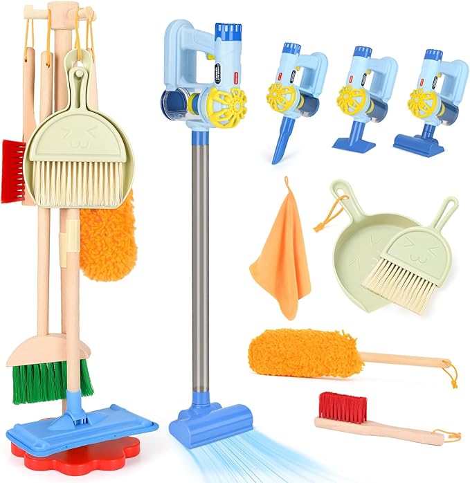 Dreamon Wooden Toddler Cleaning Set - 11Pcs Kids Cleaning Toy Set with 3-in-1 Kids Vacuum That Really Works, Montessori Cleaning Toys with Broom and Mop Set for Toddlers Girls Boys Age 3-6