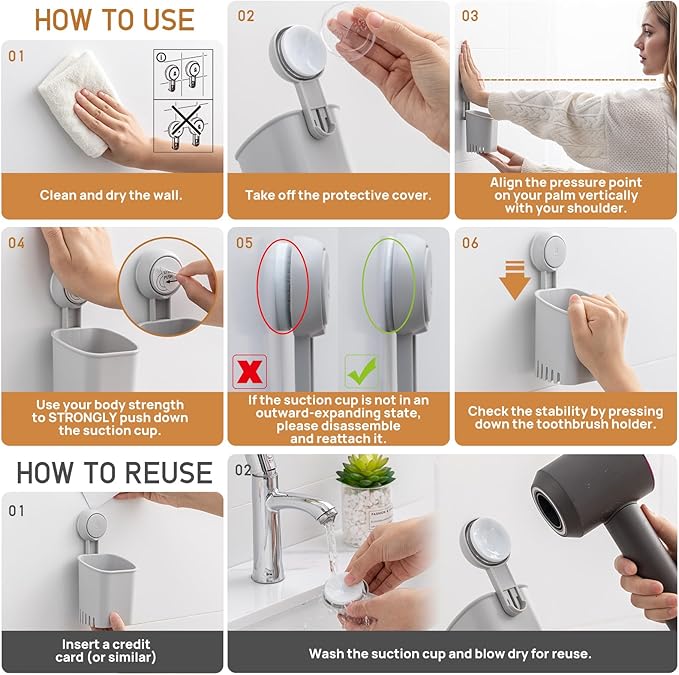 LEVERLOC Powerful Suction Cup Toothbrush Holder, Drill-Free Wall Shower Holder for Toothbrush, Toothpaste, Razor, Removable Suction Cup in Shower, Self-draining Kitchen Tableware Organizer, Gray