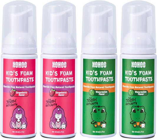 NOHOO Fluoride Free Foam Toothpaste Kids Fruit Flavour,Natural Training Toothpaste for Baby Toddler Children Oral Cleaning and Cavity Protection(2 Strawberry + 2 Watermelon)