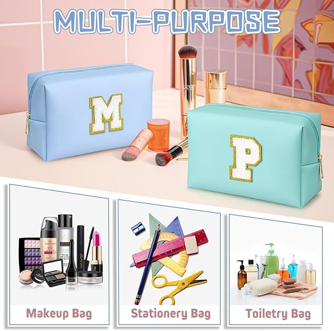 TOPEAST Initial Makeup Bags for Women, Personalized Portable Cosmetic Bag for Travel, Cute Makeup Pouch, PU Leather Waterproof Toiletry Bag, Preppy Things for Girl (Sky Blue V)