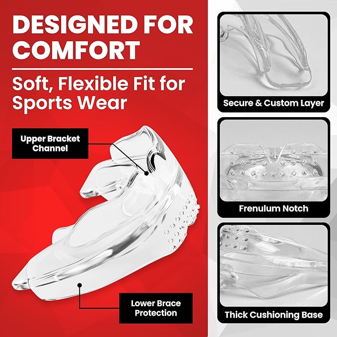 SafeGrin Transparent Braces Mouth Guard for Braces for Sports - Premium Silicone Teens & Youth Upper & Lower Teeth Protection for Sports - Football, Lacrosse, Hockey, Baseball