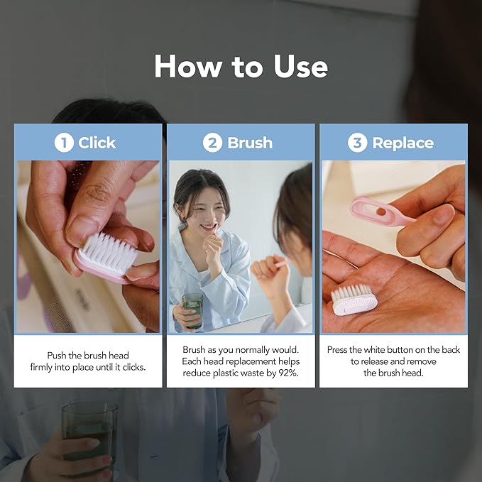 Reseio Eco Toothbrush Set with 3 Replaceable HeadsㅣSoft BristlesㅣPlastic-FreeㅣBPA-FreeㅣSustainable Oral CareㅣTravel Pouch Included - Blue