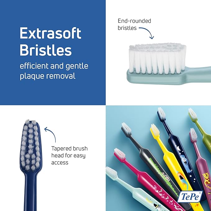 TePe Kids Toothbrush, Extra Soft Kid and Toddler Toothbrush for Ages 3+, 4 Pack