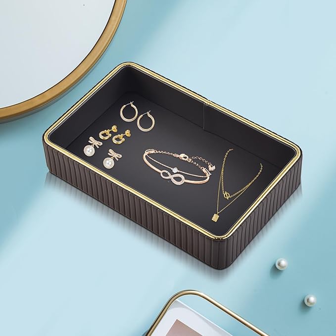 PU Leather Valet Tray,Desk Organizer Tray Nightstand Organizer Trinket Dish Storage Key Bowl Decorative Trays for Phone Wallet Jewelry Watch,Bathroom Bedroom Perfume Vanity Trays,Grey