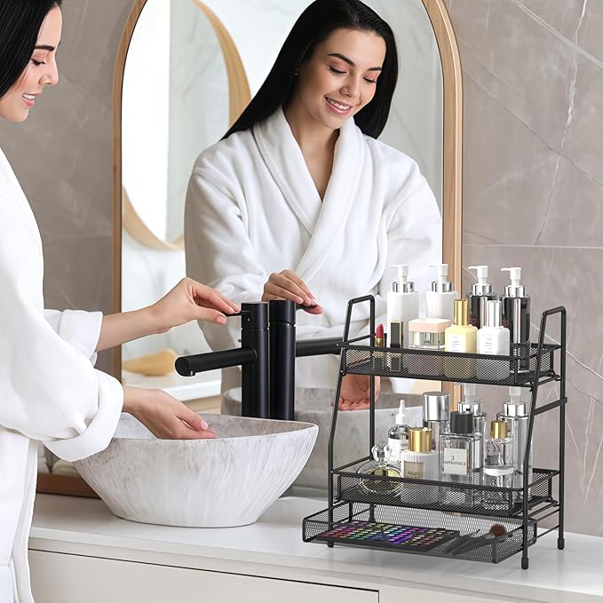 2-Tier Bathroom Counter Organizer with Drawer, Bathroom and Makeup Organizer Countertop, Easy to Install, Ideal for Bathroom organizer, Vanity, Large Skincare, Perfume, Present, and More,Black