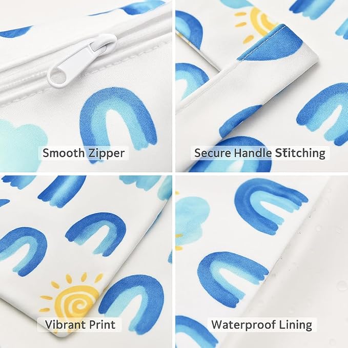 Waterproof Wet Dry Bag, Reusable Diaper Pouch with Zipper, Machine Washable Travel Organizer for Beach, Daycare, Kids, Dinosaur Pattern (Rainbow)