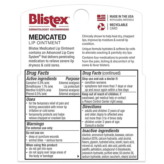 Blistex Medicated Lip Ointment 3 Count, 0.21 Oz. Relieves Cold Sores & Helps Heal Dry Chapped Lips, Lip Sores & Blisters Pain Relief Healing Balm, Stocking Stuffer for Holiday