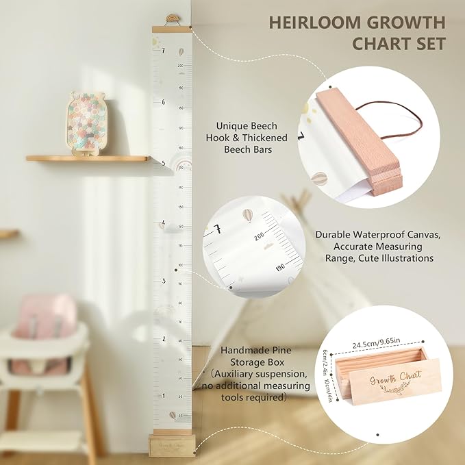 let's make Growth Chart for Wall 7 Ft Height Chart with Keepsake Box & Hook Waterproof Canvas Measure Wall Ruler Removable Neutral Nursery Wall Decor for Baby Kids Toddlers