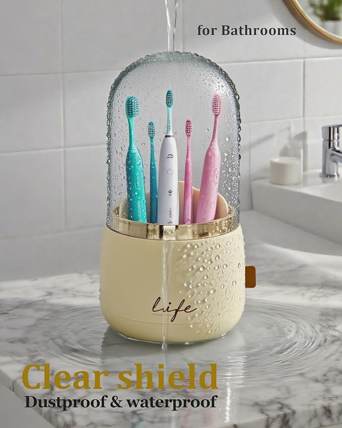 bubooo 360° Rotating Toothbrush Holder for Bathroom - Non-Slip Space-Saving 7-Slot with Cover & Drainage, Electric Toothbrushes/Toothpaste/Razor Organizer for Counter Vanity (beige)