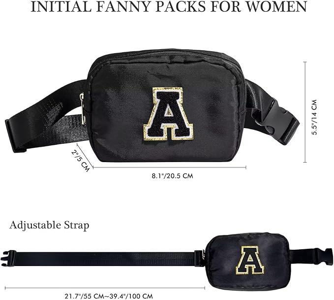 YOOLIFE Initial Belt Bag - Crossbody Bags Women - Fanny Packs for Women Cross Body Bag Black Fashion Waist Packs Travel Everywhere Belt Bag Monogram Crossbody Bag U