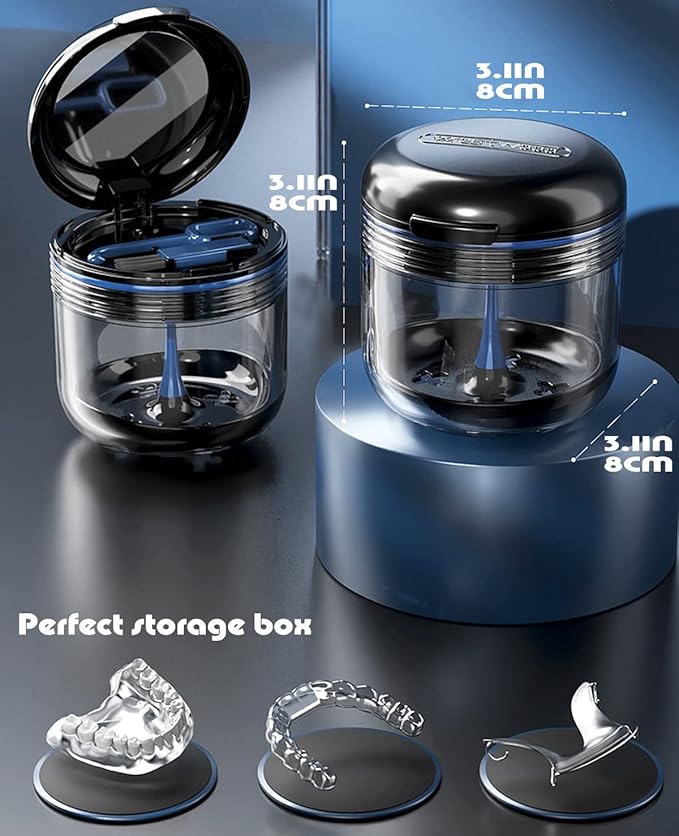 MURRI&MURRDI Denture Bath Case Holder with Mirror & Strainer Basket, Retainer Mouth Guard Soak Container Box, Braces Cleaner Cup, Travel Cleaning Storage for Invisalign Aligners Dental, Dark Blue